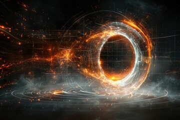 Obraz premium Glowing orange and white digital vortex of energy and technology in a dark background