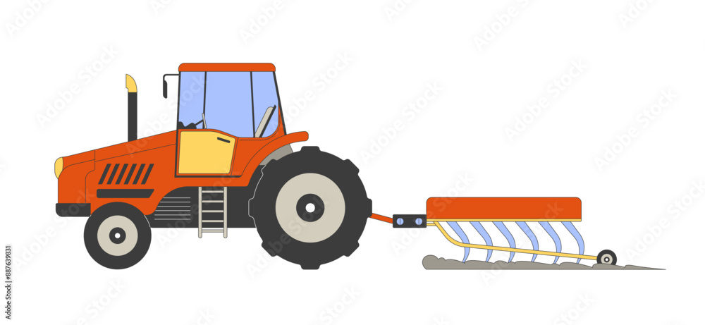 Poster tractor working in field 2d cartoon object. powerful agricultural machine plowing soil isolated flat