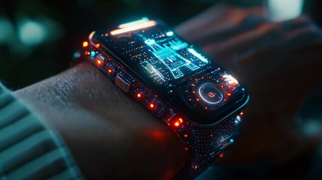 A close-up image of a person wearing a futuristic smartwatch, highlighting the potential of wearable biosensors in managing chronic diseases.