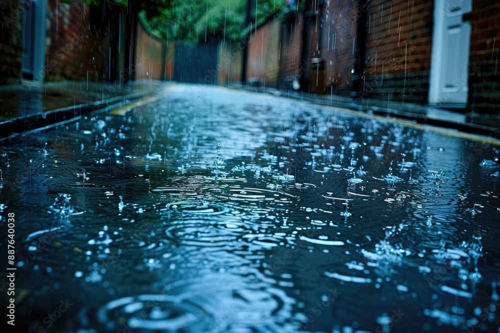 Poster raindrops creating ripples in a puddle on an alleys wet pavement