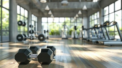 Obraz premium Modern gym interior with black dumbbells in the foreground