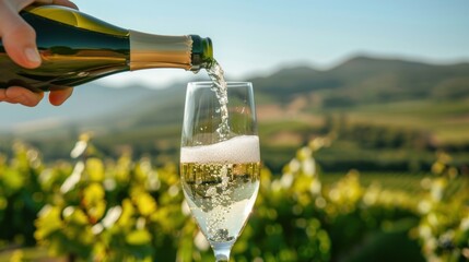 Fototapeta premium Pouring Sparkling Wine in a Vineyard