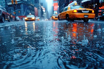 City street with yellow taxi cabs driving through heavy rain creating ripples in puddles