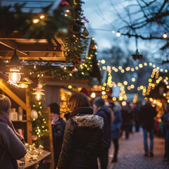 Fototapeta premium Festive Holiday Market at Night with Shoppers and Decorative Lights
