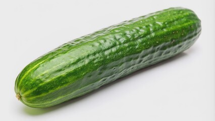 Freshly harvested, vibrant green, elongated, juicy, and slightly ribbed ripe cucumber isolated on a clean, crisp white background.