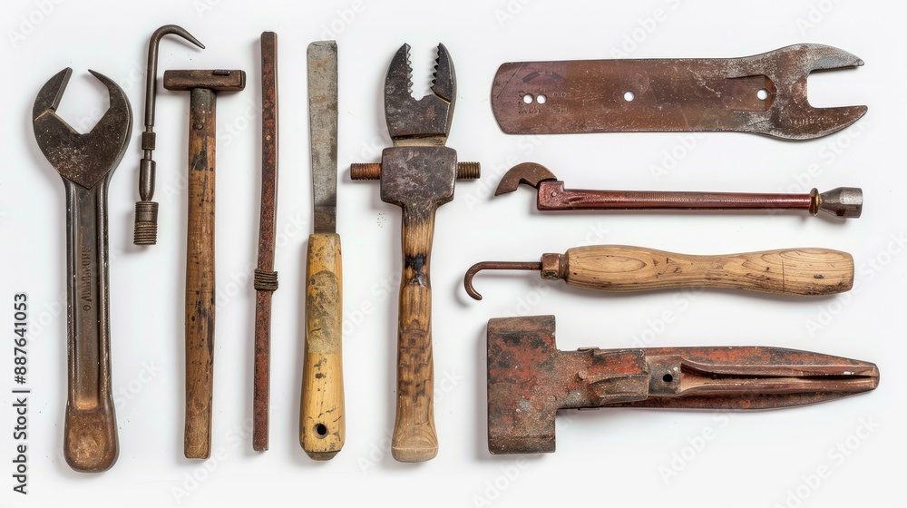 Poster commonly used old hand tools on white background flat lay with empty space