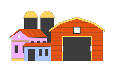 Farm buildings 2D cartoon object. Agricultural architecture. Farming husbandry structure isolated flat vector element white background. Facility of agricultural business color spot illustration