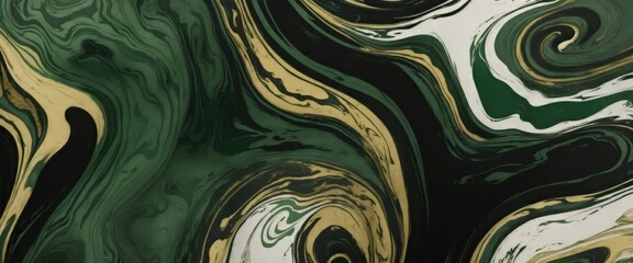 Abstract smokey Green black and gold background with floating in style marbled ink