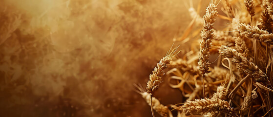 Harvest festival concept. Fall mockup with golden dry wheat, grain, herbs on textured background. Lammas day  composition. Autumn Layout with copy space. Generative ai