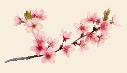 Fototapeta premium Delicate Cherry Blossom Branch in Full Bloom on Soft Yellow Background, Spring Essence Captured in Detail