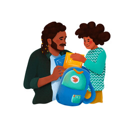 A father helping pack books into his child's bag to prepare for school hand drawn illustration dark skin african american diversity