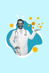 Vertical photo collage mature doctor scientist research immune system atoms happy cheerful smile...