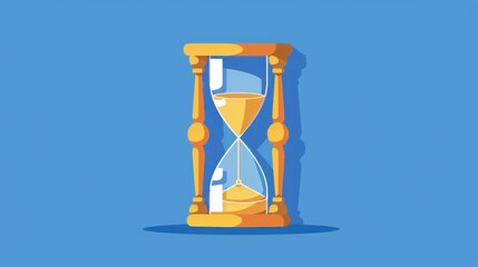 A classic hourglass with golden frames and blue backdrop, representing the concept of time and its passage.