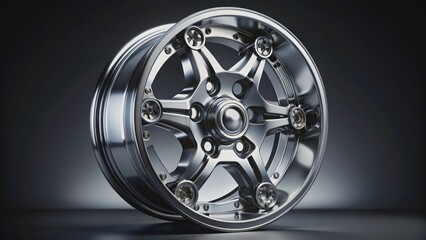 Obraz premium A modern, sleek, silver metal wheel with chrome accents and intricate mechanical components set against a dark, gradient background.