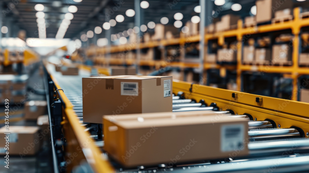 Poster packages on an automated conveyor belt in a large warehouse with shelves in the background