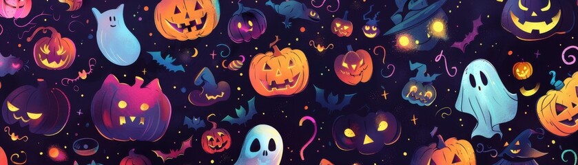 Colorful Halloween illustrations with pumpkins and ghosts in a dark background, perfect for festive and spooky themes.