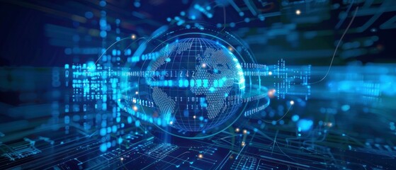 Digital technology concept with Earth surrounded by data streams and abstract binary codes. Global network communication on dark blue background.