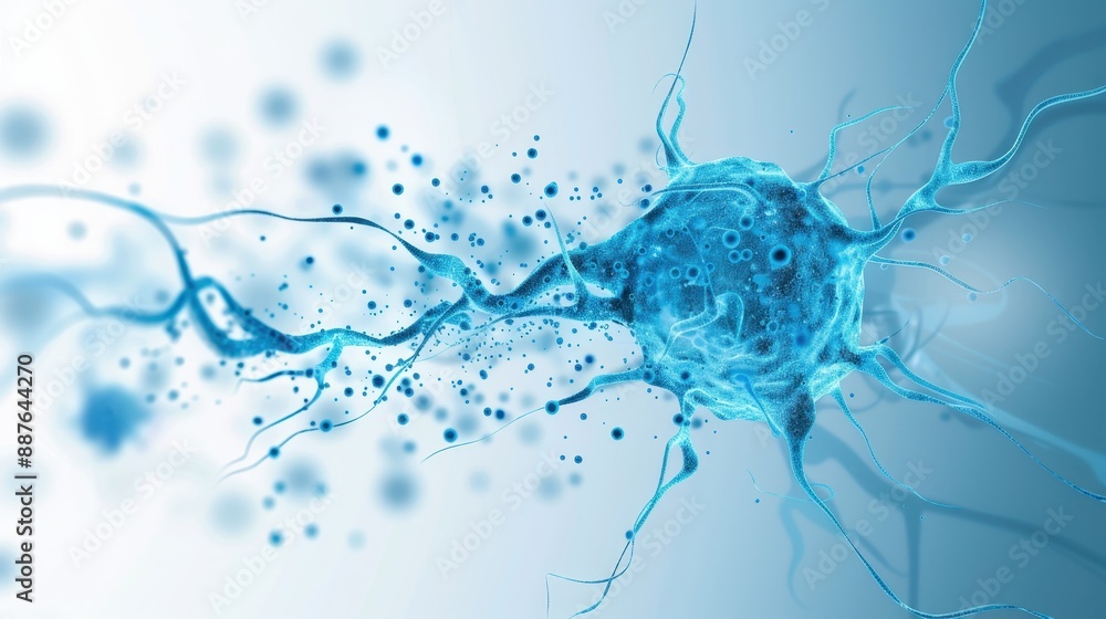 Poster abstract representation of a neural network with blue interconnected neurons on a light background i