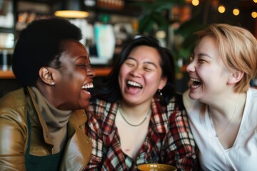 Friends of different ethnicities laughing together in a caf&eacute;, capturing the essence of diversity and friendship.