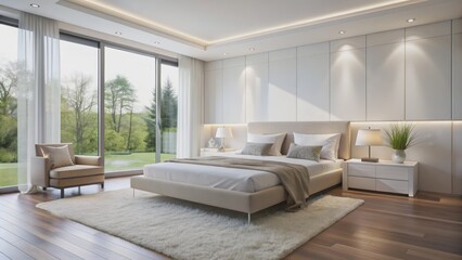 Fototapeta premium Serene minimalist white bedroom with sleek furniture, abundant natural light, and subtle textures, evoking a sense of calm simplicity.