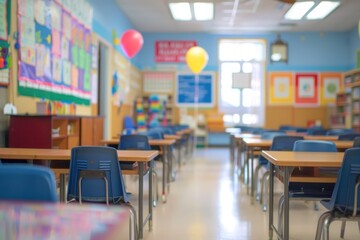 Fototapeta premium Blurred image of classroom with desks and chairs, A brightly colored classroom with a lot of chairs and tables.