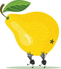 Cute two ants carrying a yellow pear