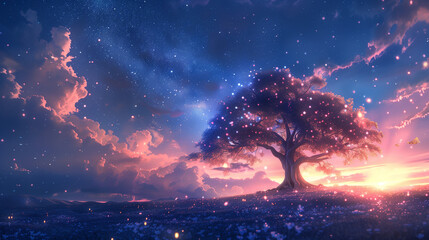 Obraz premium Fantasy tree on hill illustration with beautiful sky with clouds and stars, purple and pink background, perfect as wallpaper