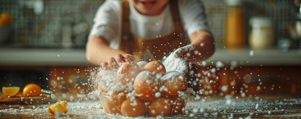  A charming image of a child intently making bread in the kitchen. This picture captures the joy and love of cooking in a young child.