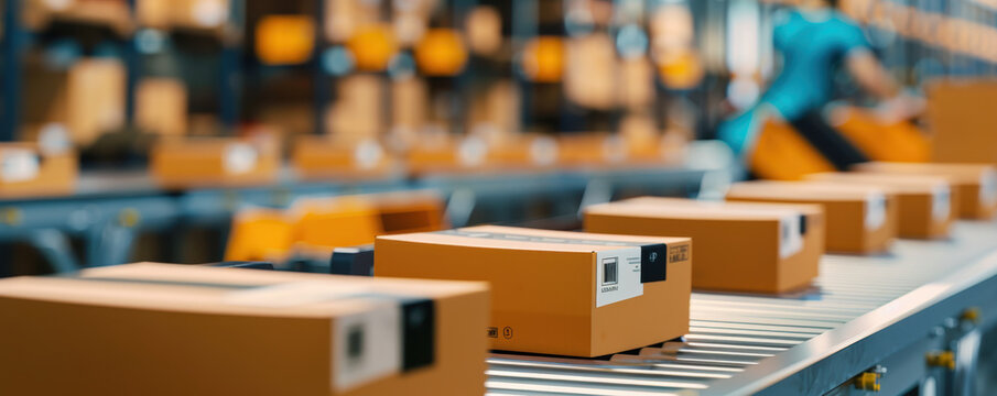 Cardboard packages moving on conveyor belt in a modern warehouse with worker in the background