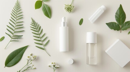 A flat-lay of paper packaging for a skincare line, with leaves and flowers for decoration