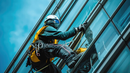Professional Window Cleaner Scaling Modern Glass Building