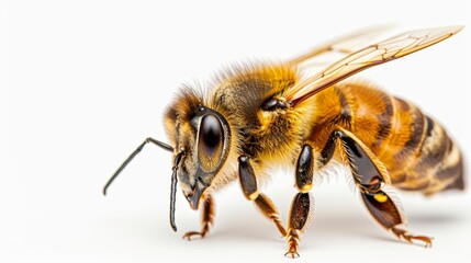 Detailed honey bee walking, high-resolution image, white background, macro shot, clear and precise cutout, realistic textures, studio photography