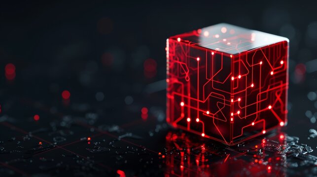 Futuristic digital cube with red circuitry on a dark, shiny surface, high-tech innovation, high-resolution, cyberpunk, neon glow, dark palette