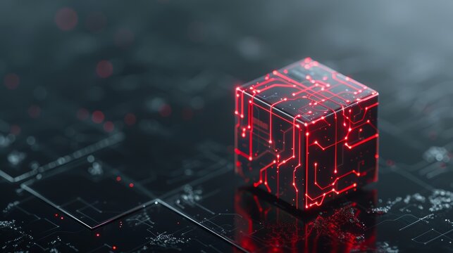 Futuristic digital cube with red circuitry on a dark, shiny surface, high-tech innovation, high-resolution, cyberpunk, neon glow, dark palette