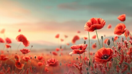 Obraz premium Tranquil Beauty in Nature: Breathtaking Poppy Field Landscape with Rolling Hills and Red Flowers under a Clear Sky