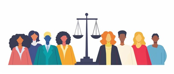A group of diverse avatars with a digital scale of justice, illustrating fairness and equality in AI algorithms
