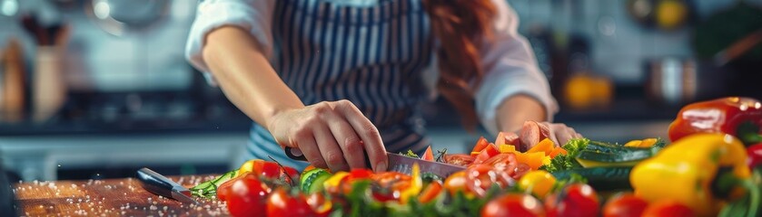 A chef is cutting fresh vegetables to make a salad, showcasing culinary skills and the art of healthy meal preparation.