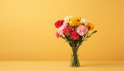 Fototapeta premium Vibrant Carnation Bouquet in Assorted Colors for Gifting, Close-Up on Contrasting Background