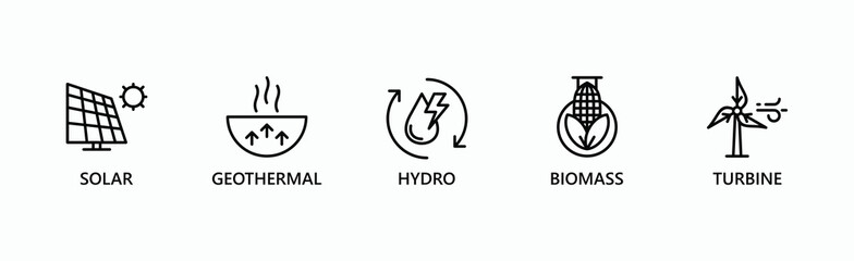 Renewable Energy Banner Web Icon Vector Illustration Concept With Icon Of Solar, Geothermal, Hydro, Biomass, Turbine © sayida