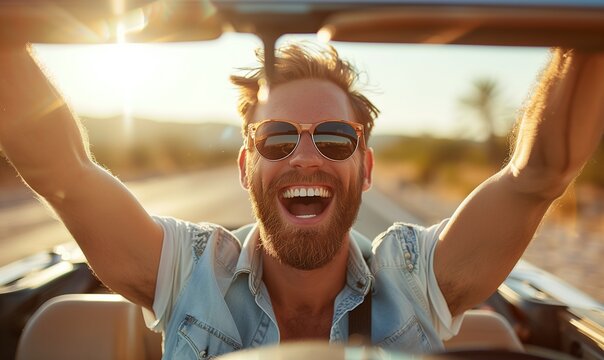 Happy Man Driving Convertible Car On Sunny Day - Powered by Adobe