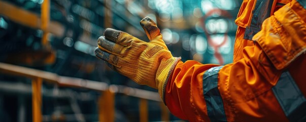 Close-up of a worker's gloved hand in an industrial setting.