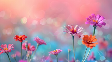 Naklejka premium Vibrant Zinnia Field in Full Bloom - Summer Floral Background with Pink, Orange, and Purple Flowers