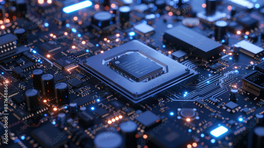 Poster a computer chip is shown in a close up with a blue and orange glow