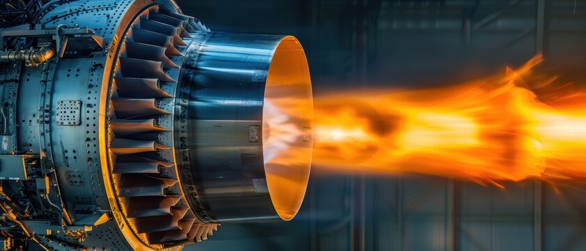 A jet engine with a flame streak, representing the immense power and thrust of aviation technology