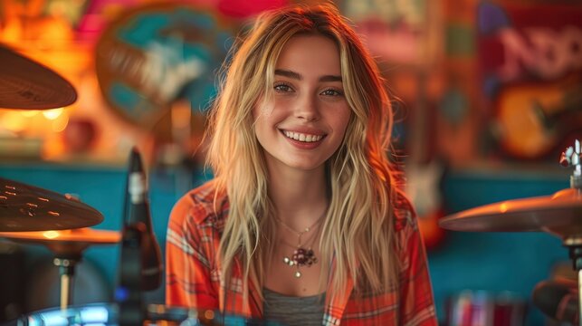 Rehearsal Of A Music Group With A Female Drummer, Focused And Energetic, High Quality Background