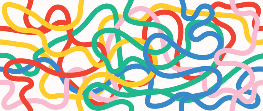 Colorful cute line doodle in seamless pattern vector. Abstract art background design with childish scribble, doodle in vibrant color. Fun creative illustration for kids, fabric, prints, cover.
