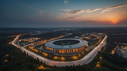 Aerial view of a modern circular building surrounded by roads and greenery at sunset, highlighting architectural innovation and scenic beauty.
