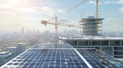 Naklejka premium Solar Panels on a Rooftop Under Construction