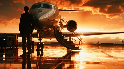 A silhouette of a business traveler boarding a private jet, with the aircraft and runway faintly visible