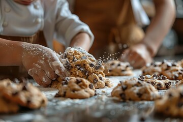 Close-up of hands shaping dough with chocolate chips on a floured surface.  The image evokes a sense of tradition and craftsmanship.